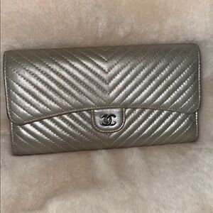 Chanel Chevron Quilted Flap Metallic Silver Wallet